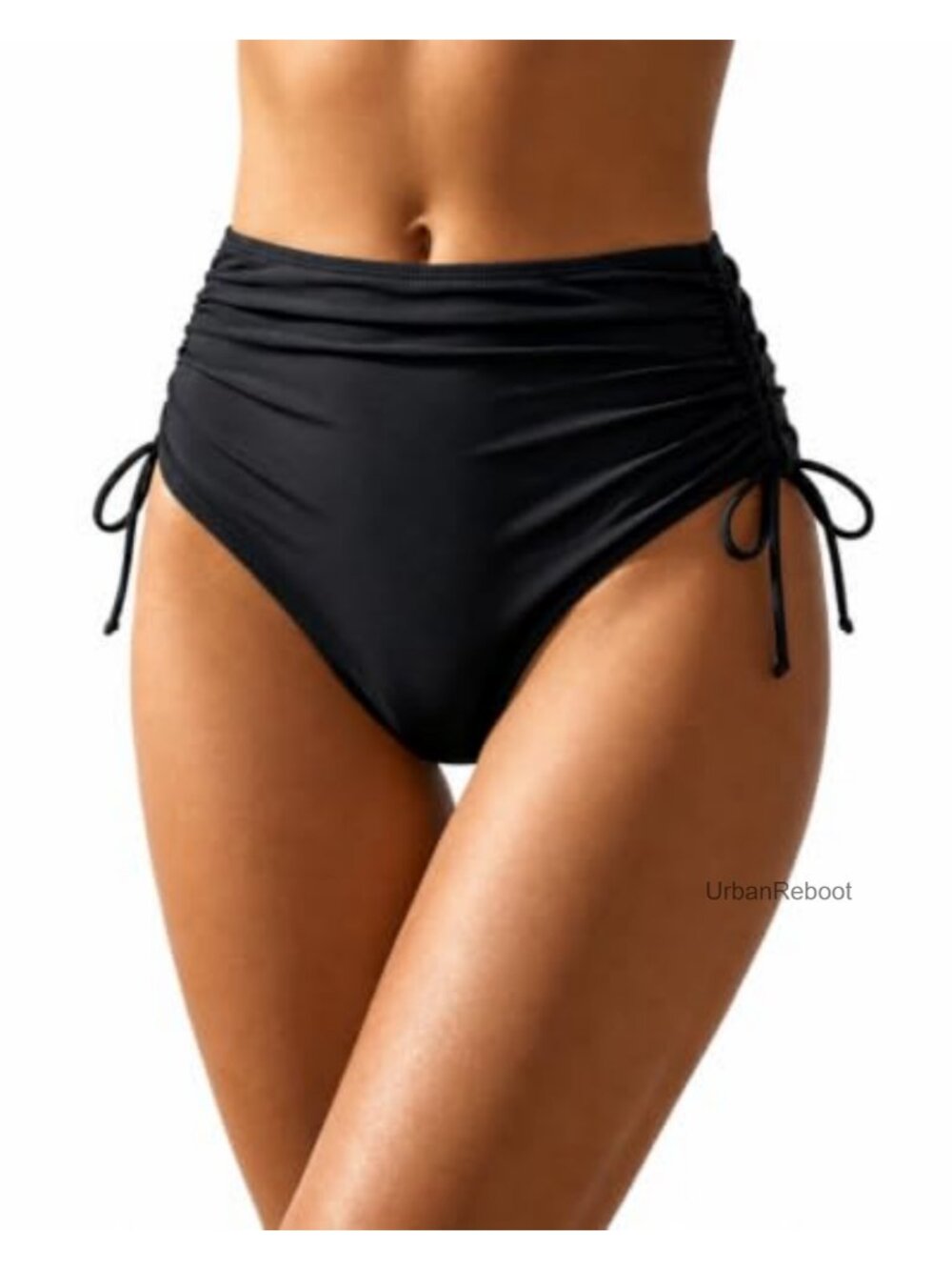 High Waisted Ruched Bikini Bottom with Side Tie - Tummy Control Swimwear